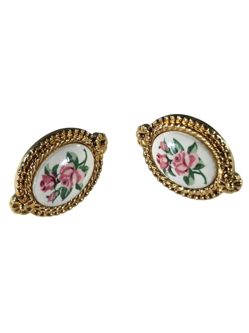 Avon English Rose Stud Earrings Gold-Tone Frame Hand-Painted Floral Porcelain